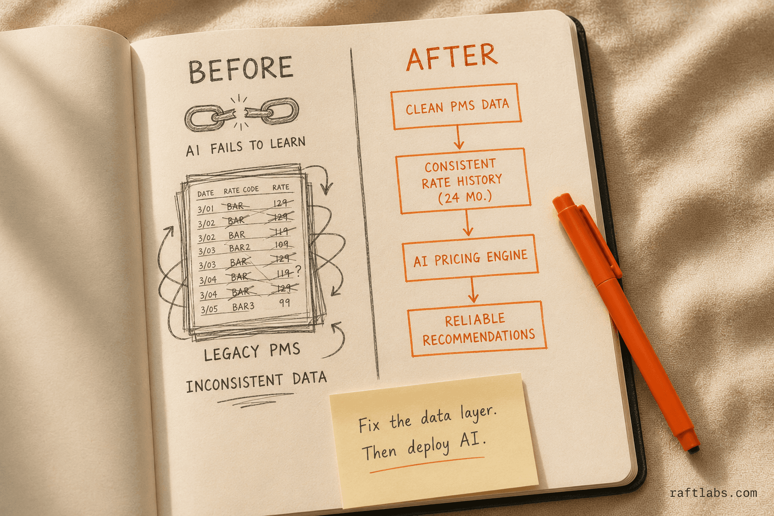 Before and after: messy legacy PMS data causing AI underperformance vs. clean data enabling reliable AI pricing recommendations