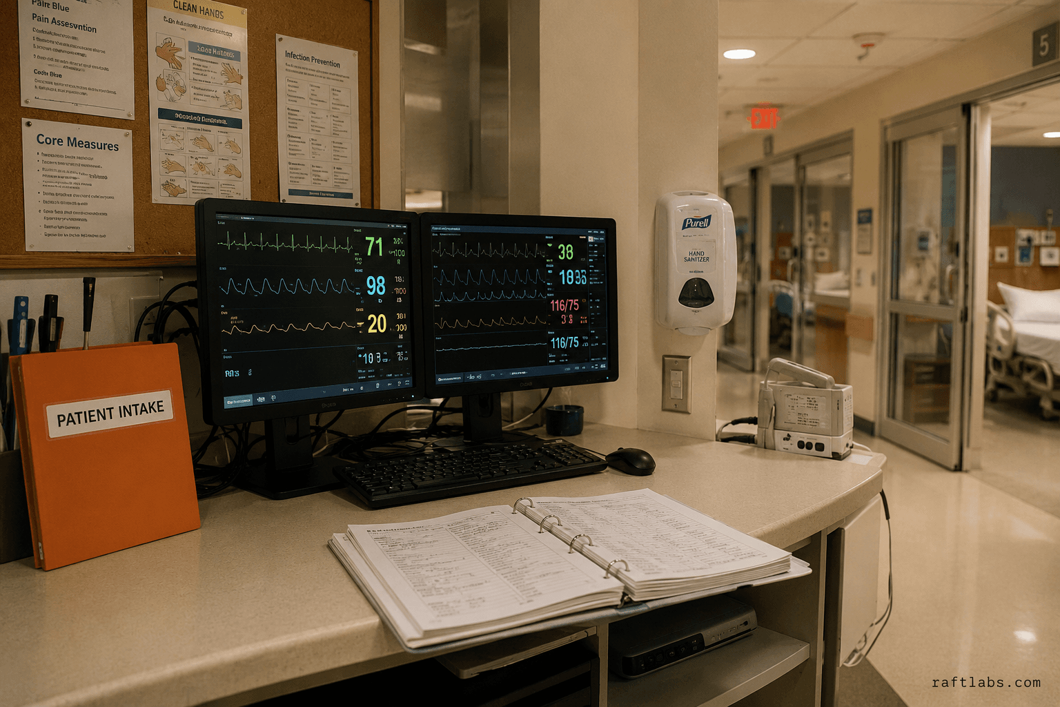 Hospital nurse station with patient vital signs monitors and clinical chart binder — the environment where healthcare AI systems operate in production