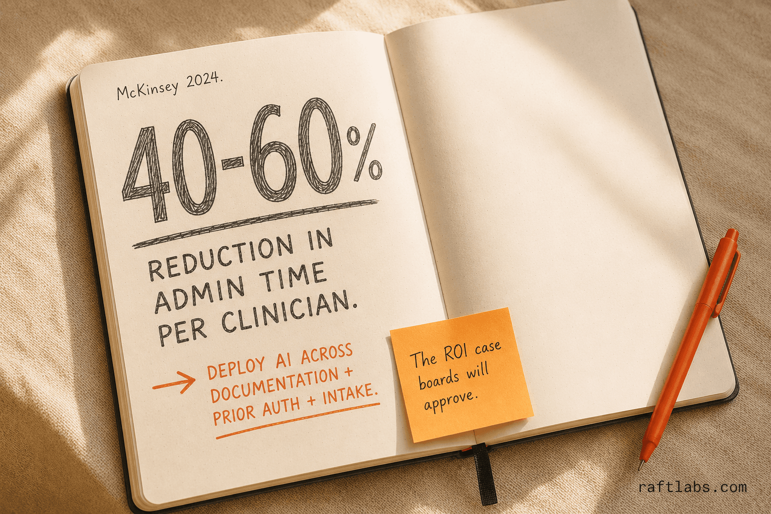 McKinsey 2024 stat: healthcare organisations deploying AI across documentation, prior authorisation, and patient intake cut administrative time per clinician by 40–60 percent
