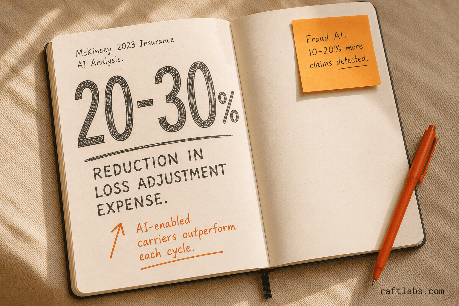 Stat callout notebook: 20–30% reduction in loss adjustment expense for AI-enabled insurance carriers, per McKinsey 2023