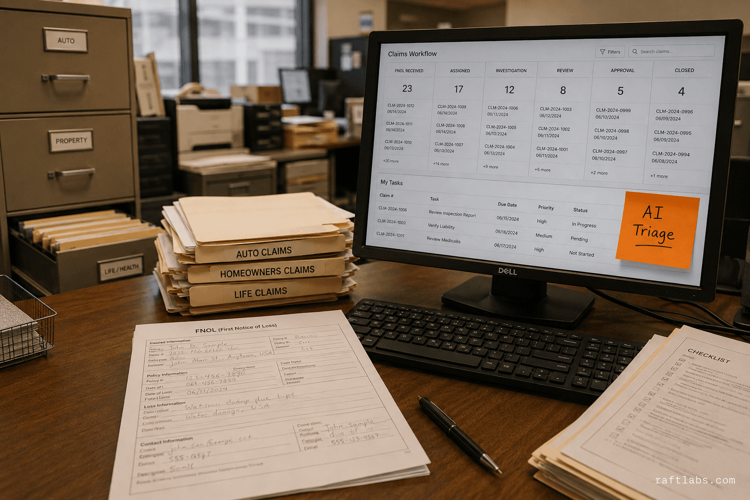 Insurance claims processing back-office: stacked claim folders, a workflow monitor, and a printed FNOL form on a wooden desk with orange AI Triage sticky note