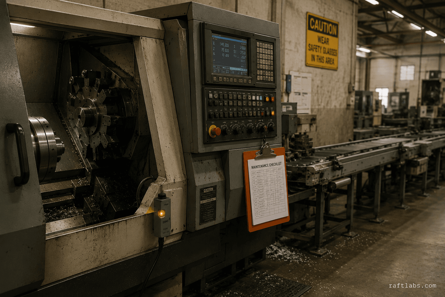 Manufacturing production floor with CNC lathe, industrial vibration sensor, and orange maintenance clipboard