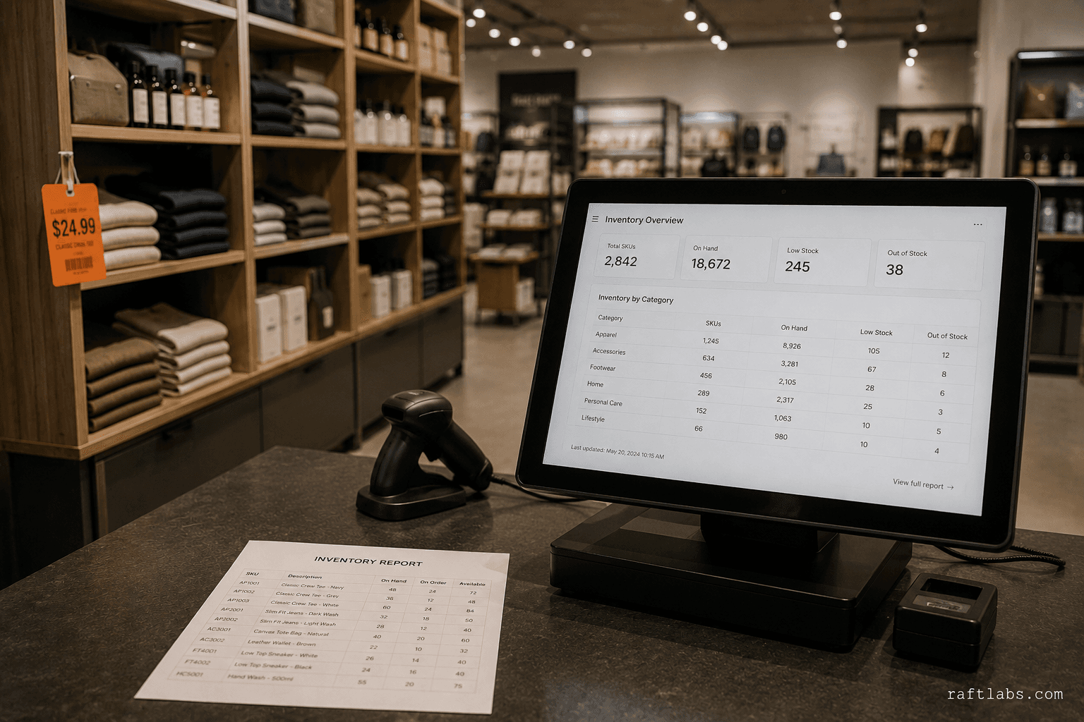 Mid-market retail store aisle with POS terminal and inventory dashboard — physical retail environment for AI development