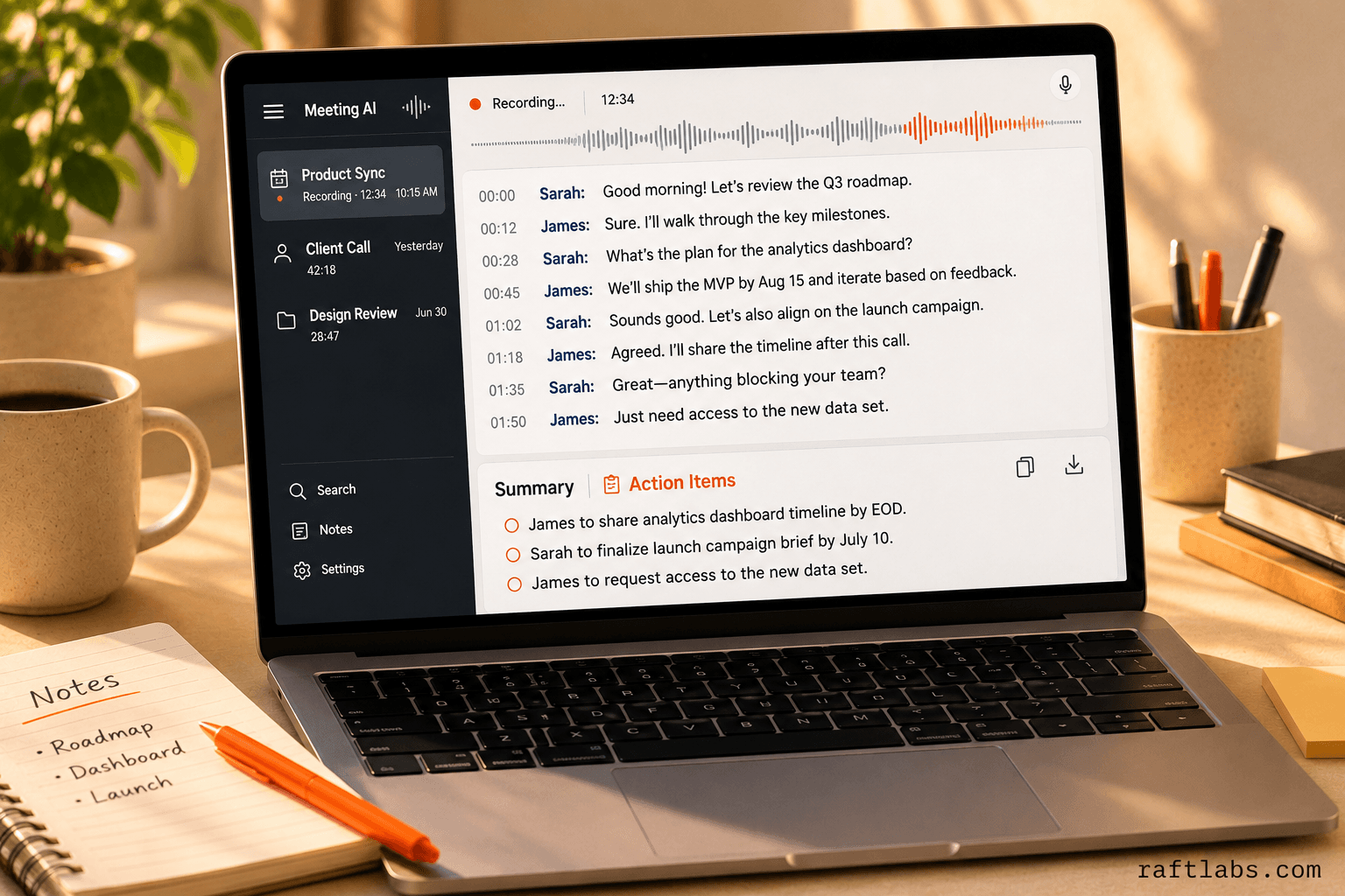 Laptop screen showing a meeting transcription app with speaker-labeled transcript, auto-generated summary, and action items highlighted in orange