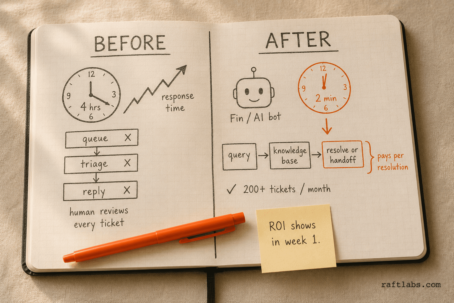 Before and after notebook sketch showing manual customer support queue versus AI-first support with Intercom Fin resolving tickets in minutes