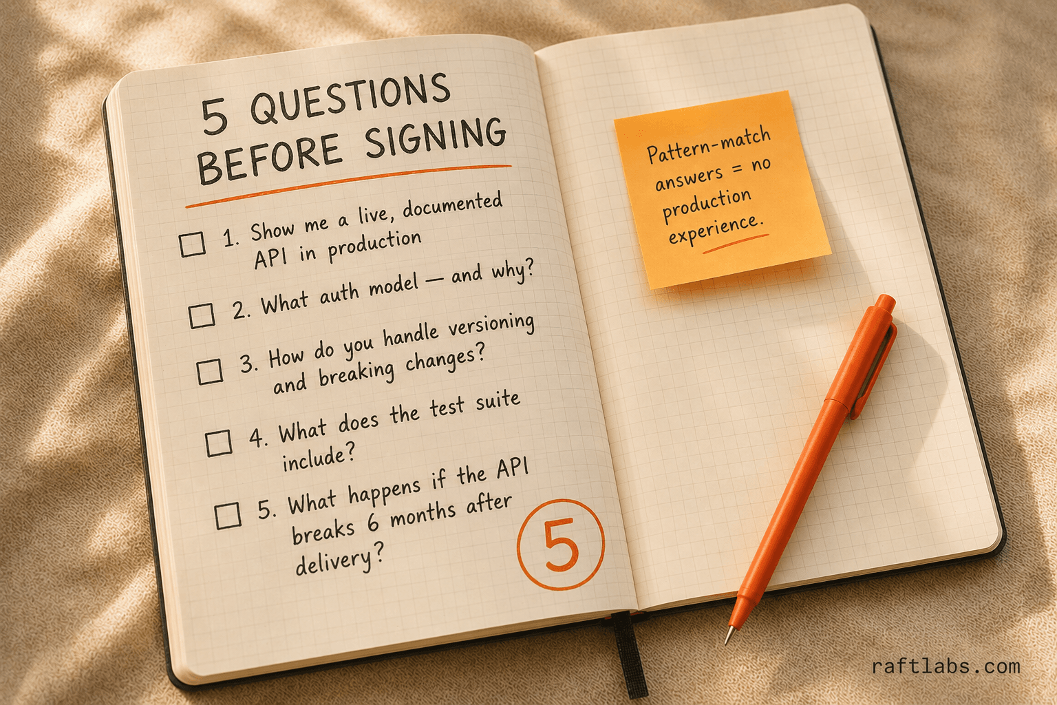Hand-drawn checklist of five questions to ask an API development company before signing: live documented API, authentication rationale, versioning policy, test suite scope, and post-launch incident response