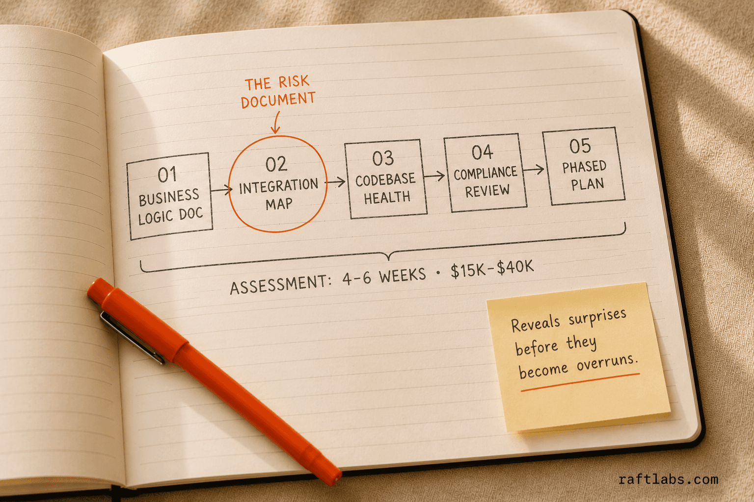 Hand-drawn diagram of the five phases of a modernization assessment: business logic documentation, integration map, codebase health, compliance review, and phased plan — spanning 4–6 weeks