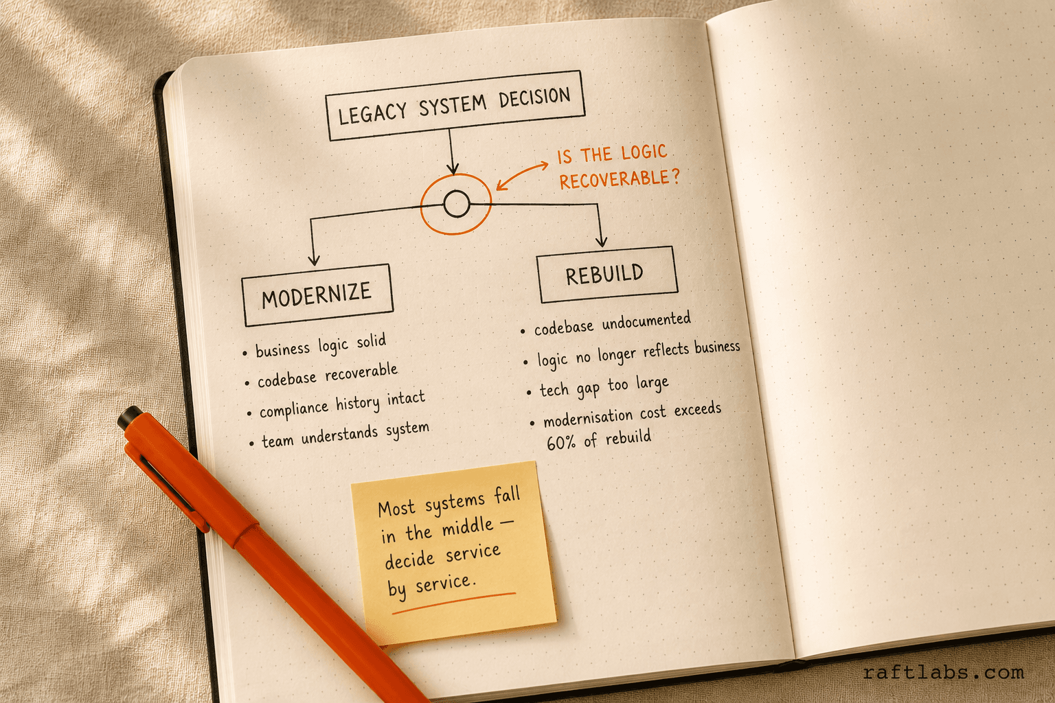 Hand-drawn decision tree for choosing between application modernization and a full rebuild