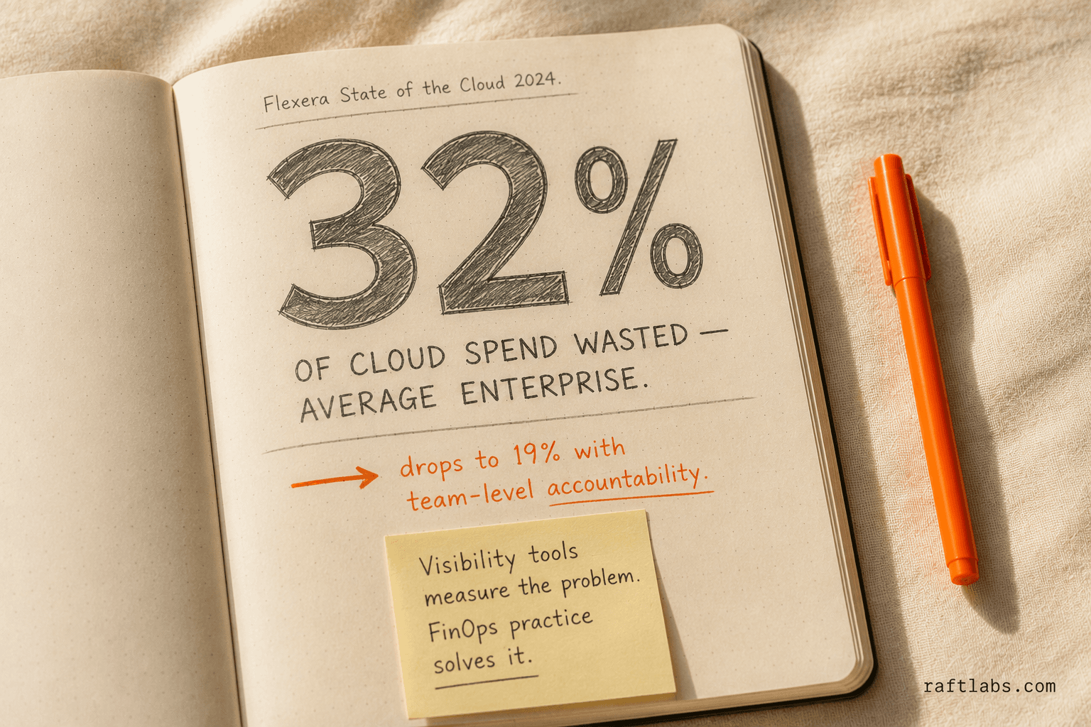 Notebook stat callout showing 32 percent of cloud spend is wasted on average, dropping to 19 percent when organisations implement FinOps with defined team-level accountability