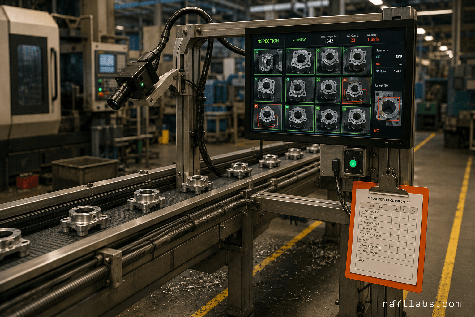 Factory floor visual inspection station with an overhead industrial camera and wall monitor showing bounding box defect detections on machined components moving along a conveyor belt