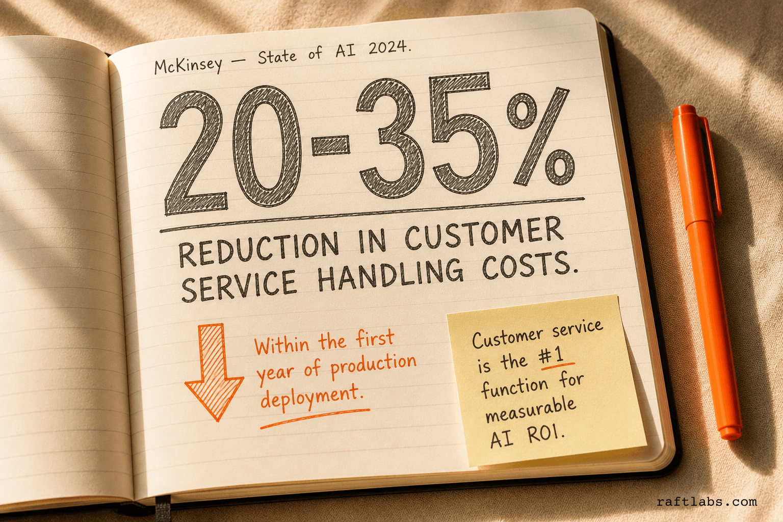 McKinsey 2024 stat: 20–35% reduction in customer service handling costs in the first year of AI deployment