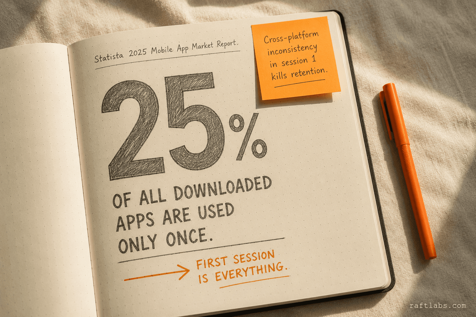 Statista stat: 25% of all downloaded apps are used only once — first-session cross-platform consistency determines long-term retention