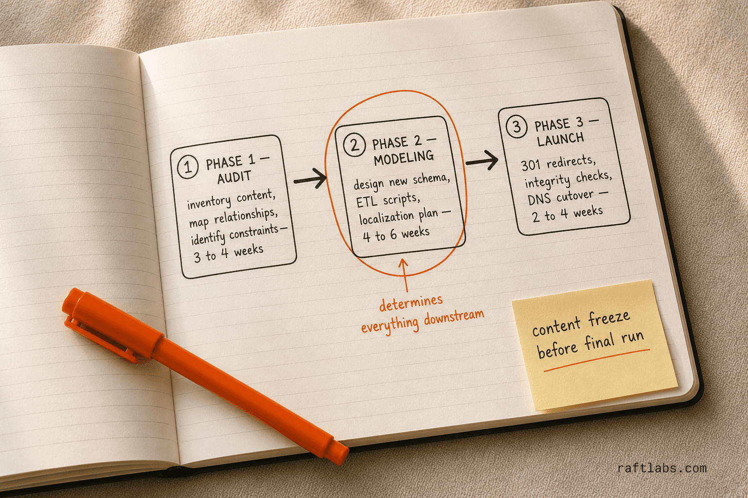 Three-phase headless CMS migration roadmap: Audit, Modeling, and Launch with timing estimates