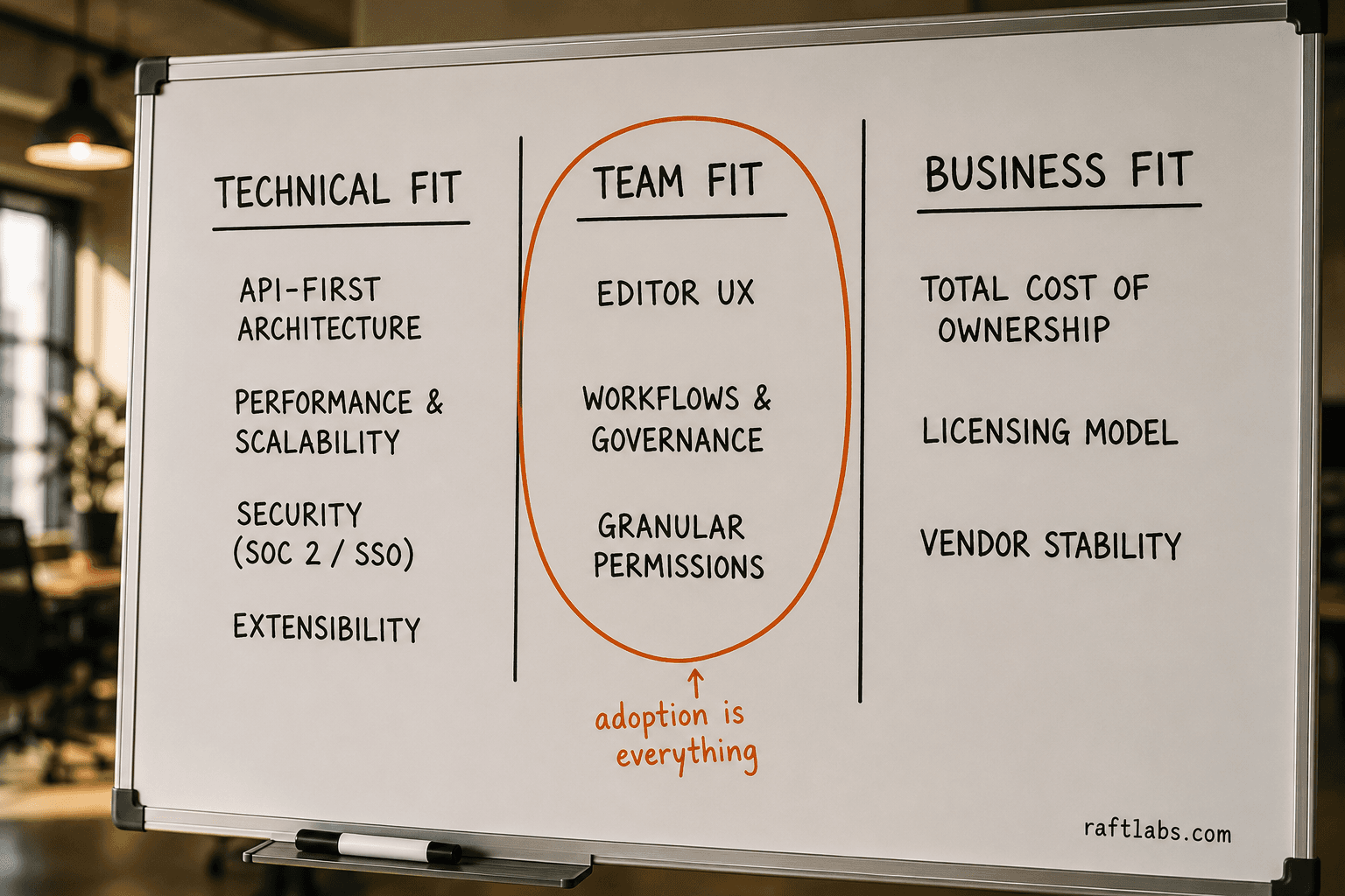 Three-pillar framework for evaluating enterprise headless CMS: Technical Fit, Team Fit, and Business Fit