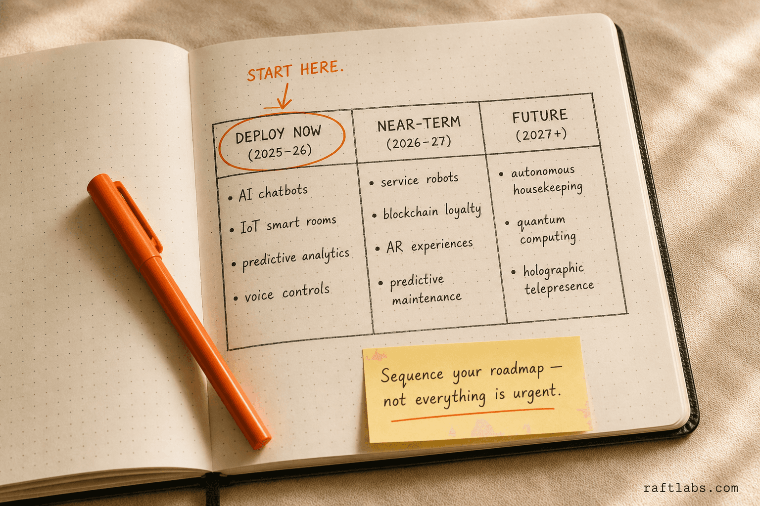 Three-tier hospitality tech adoption timeline: Deploy Now, Near-Term, and Future categories