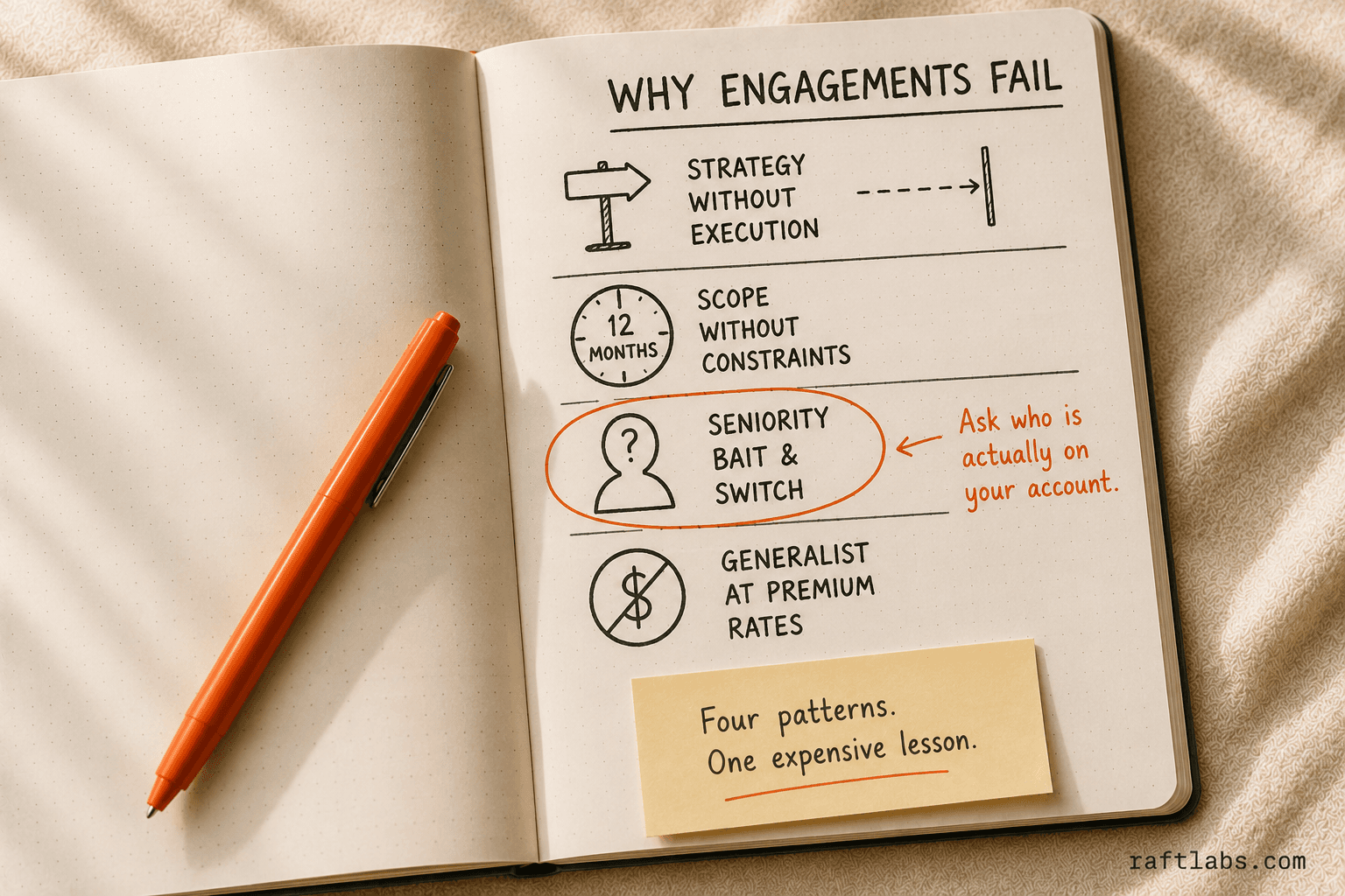 Four IT consulting failure patterns: strategy without execution, scope without constraints, seniority bait-and-switch, generalist at premium rates