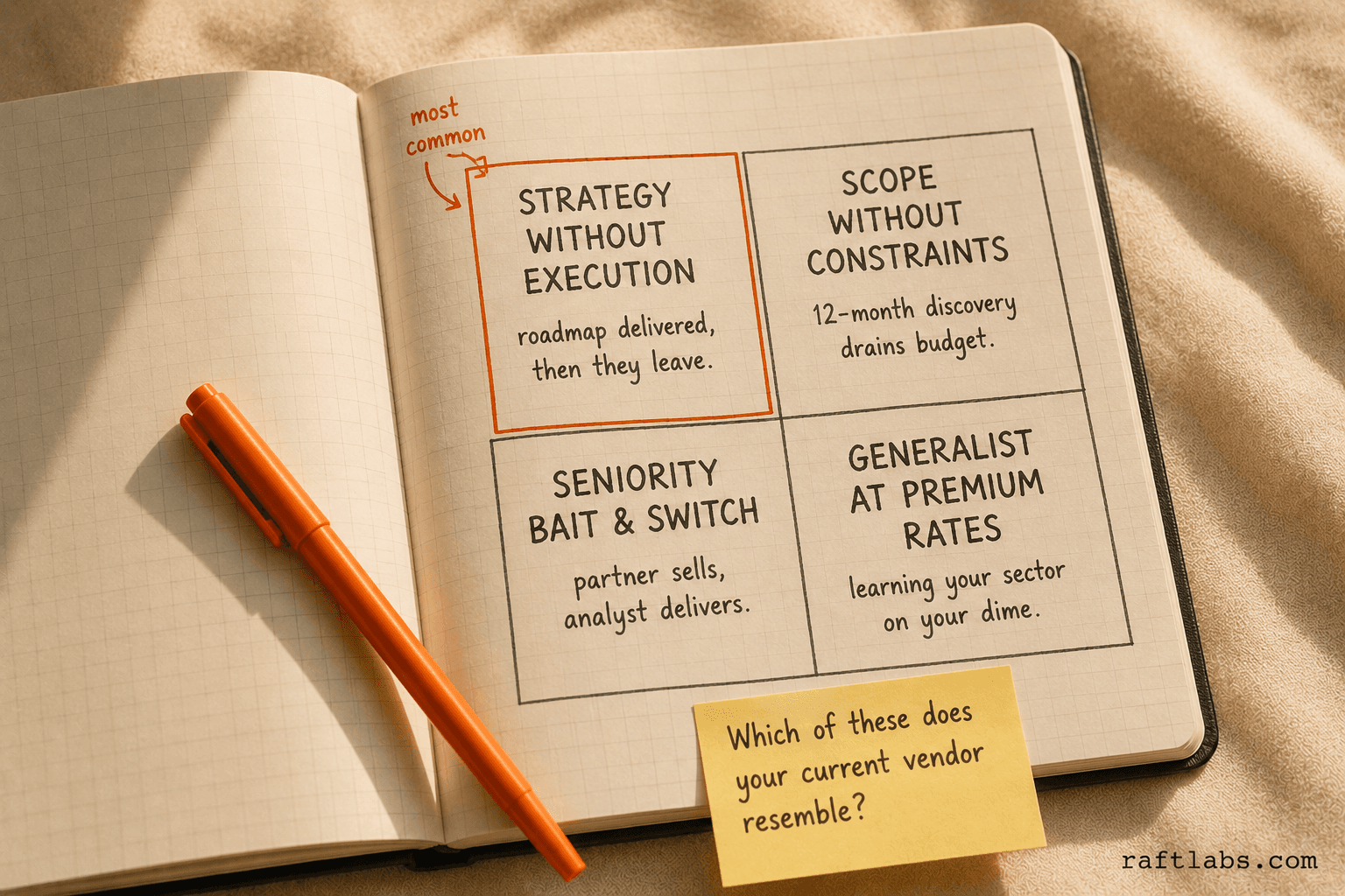 Four IT consulting engagement failure modes mapped in a hand-drawn 2x2 diagnostic grid