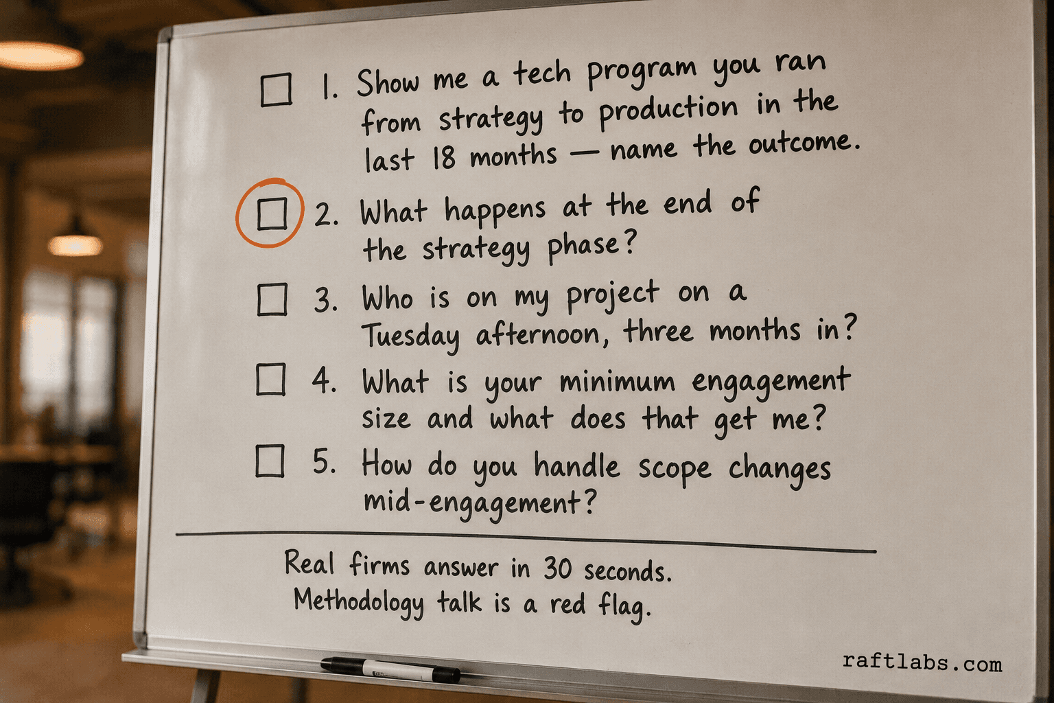 Whiteboard checklist of 5 vendor evaluation questions for choosing an IT consulting firm