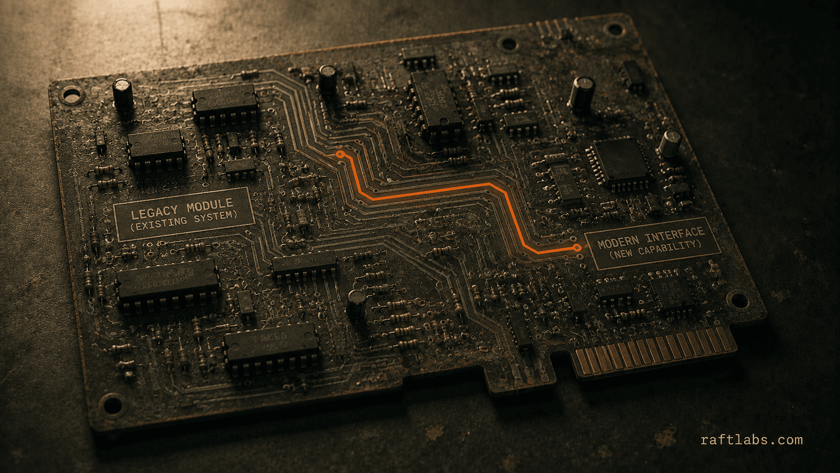 Aging circuit board with one new copper trace routed carefully through it - the metaphor for legacy modernization