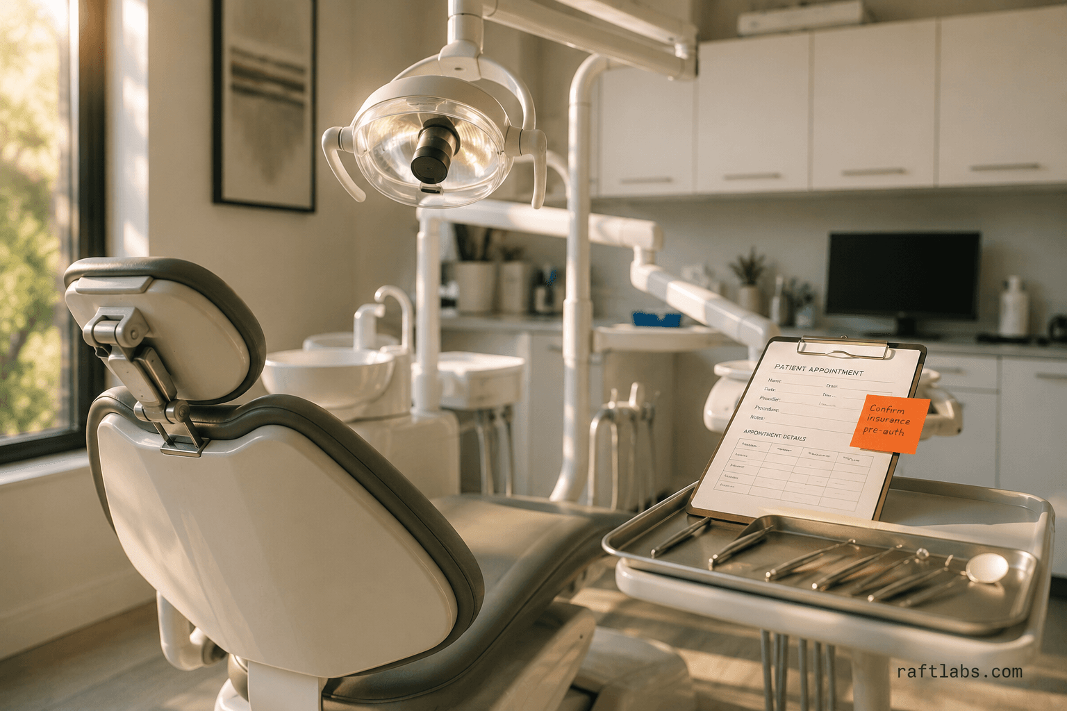 A modern dental treatment room with a reclined dental chair, articulated overhead examination lamp, and an instrument tray holding a mirror, probe, and scaler — the physical environment dental patient apps are built to serve