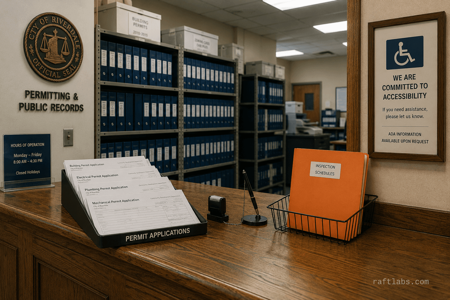 Government permit and records office interior showing official binders, ADA poster, and document intake counter
