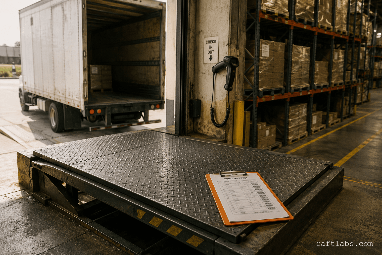 Commercial freight loading dock with a box truck backed into the bay, palletized cargo on shelving, and an orange route manifest on the dock edge