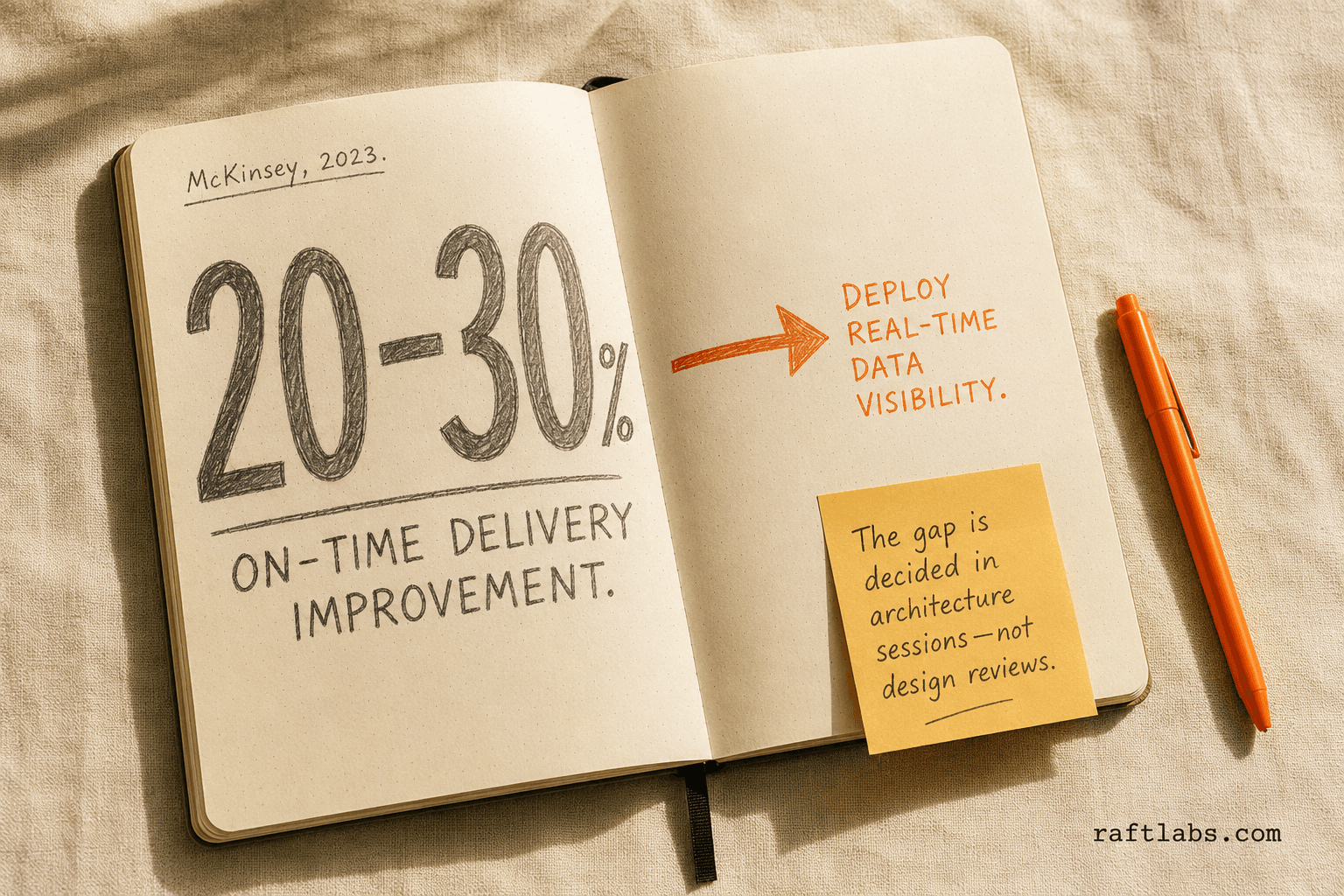Notebook stat callout showing 20–30% on-time delivery improvement from McKinsey 2023 analysis of real-time data visibility in transportation