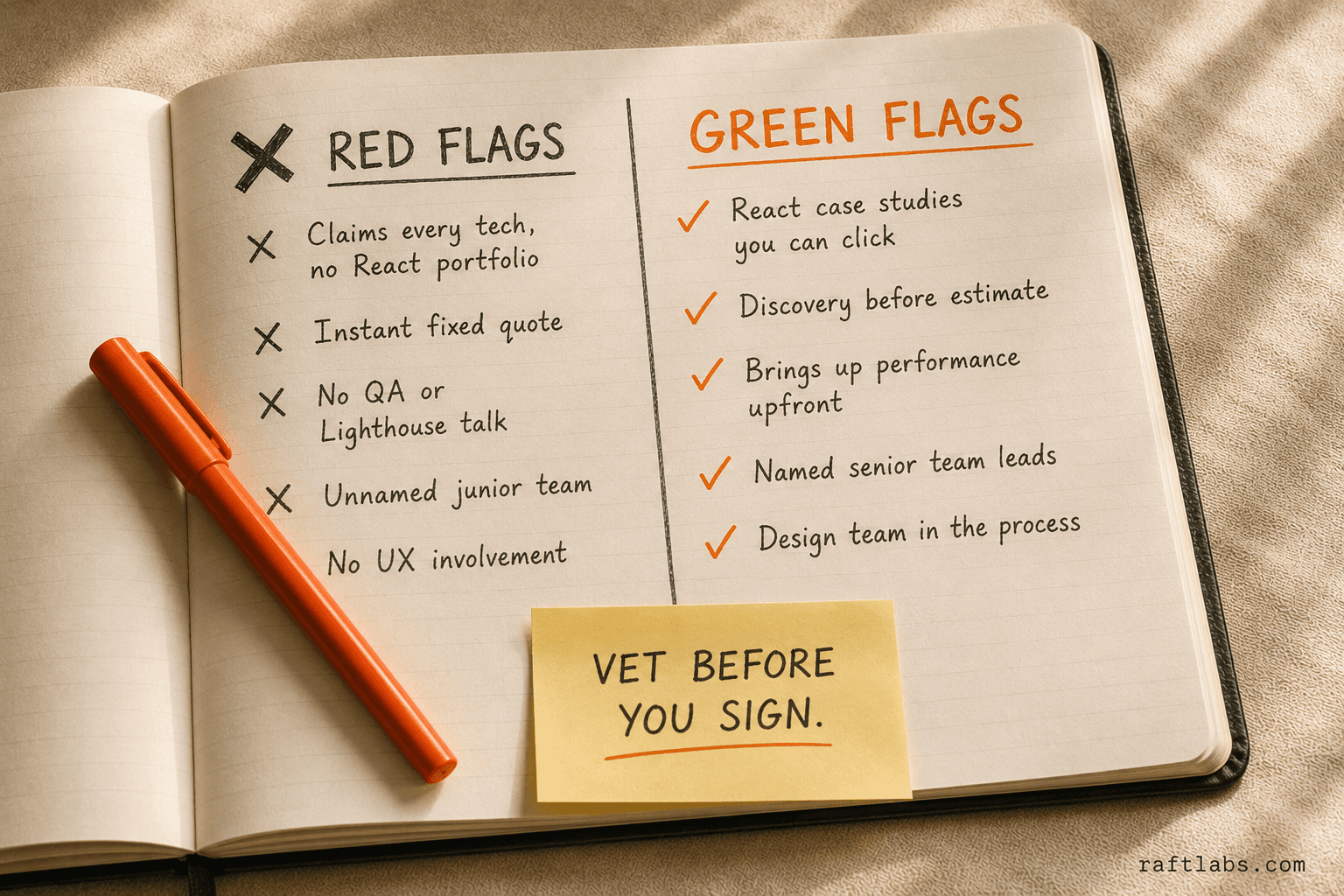 Red flags vs green flags when evaluating a ReactJS development agency - what to watch for and what good looks like