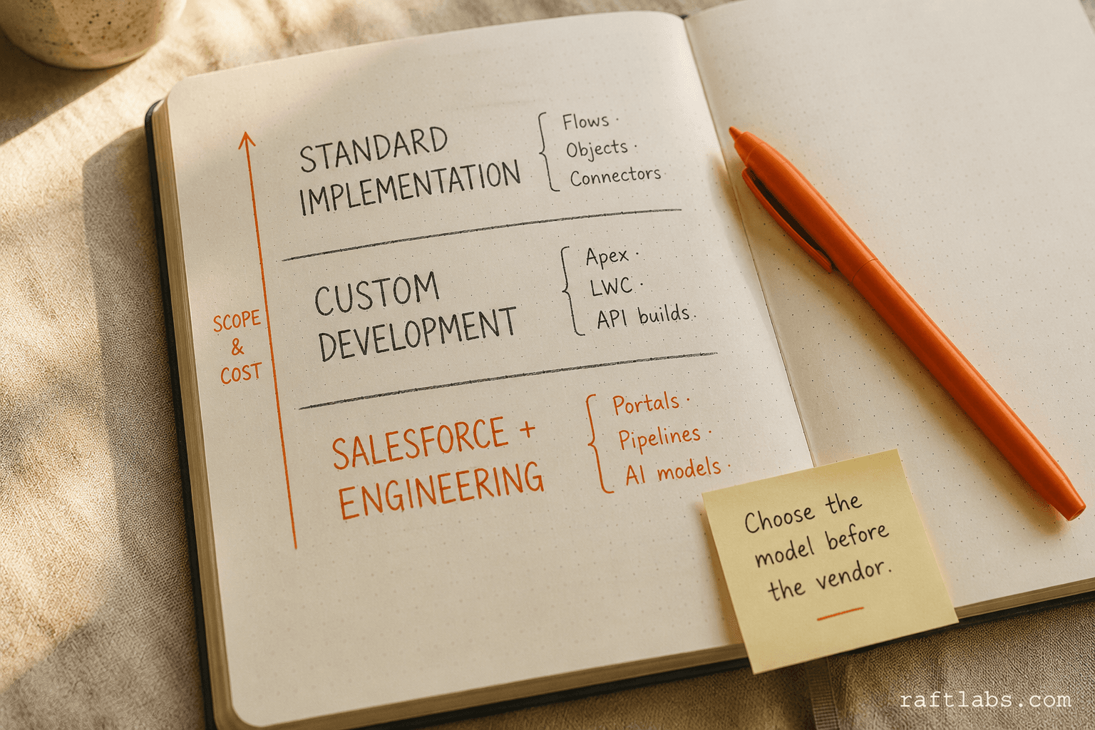 Three-tier Salesforce buying decision framework sketched in a notebook — standard implementation, custom development, and Salesforce plus engineering — with the engineering tier marked in orange as the highest scope