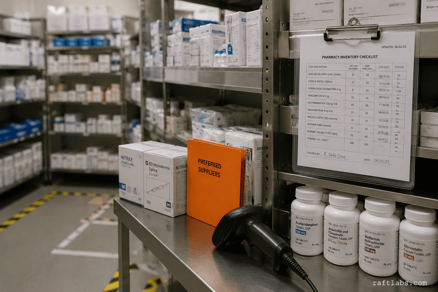 A hospital pharmacy storeroom with organized medical supply shelves, prescription bottles, and a barcode scanner — one orange folder the only warm accent among grey and white packaging