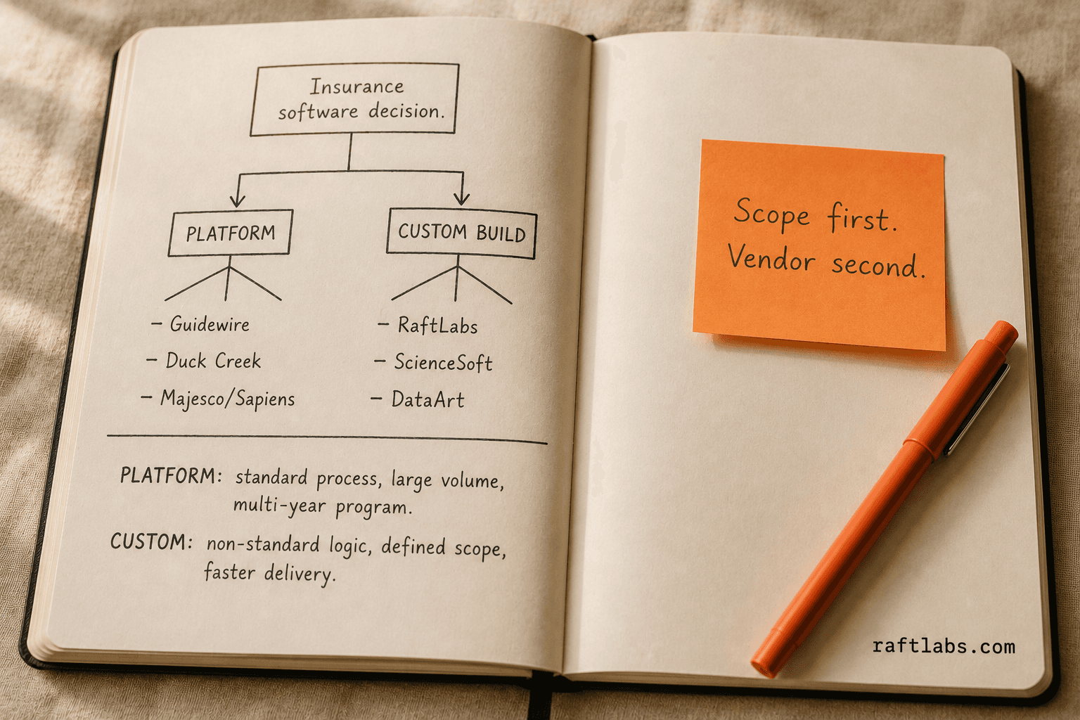 Decision notebook: platform versus custom build — two branches of an insurance software procurement decision tree with key differentiators noted