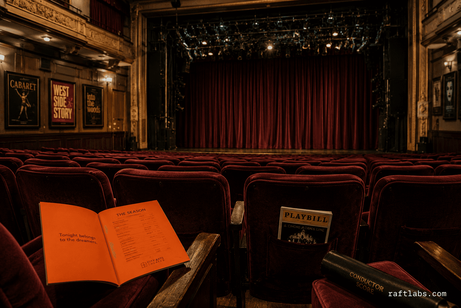 Interior of a mid-size performing arts theater: velvet seating rows, proscenium stage with burgundy curtains, tungsten rigging above, and an open orange printed program resting on a foreground seat