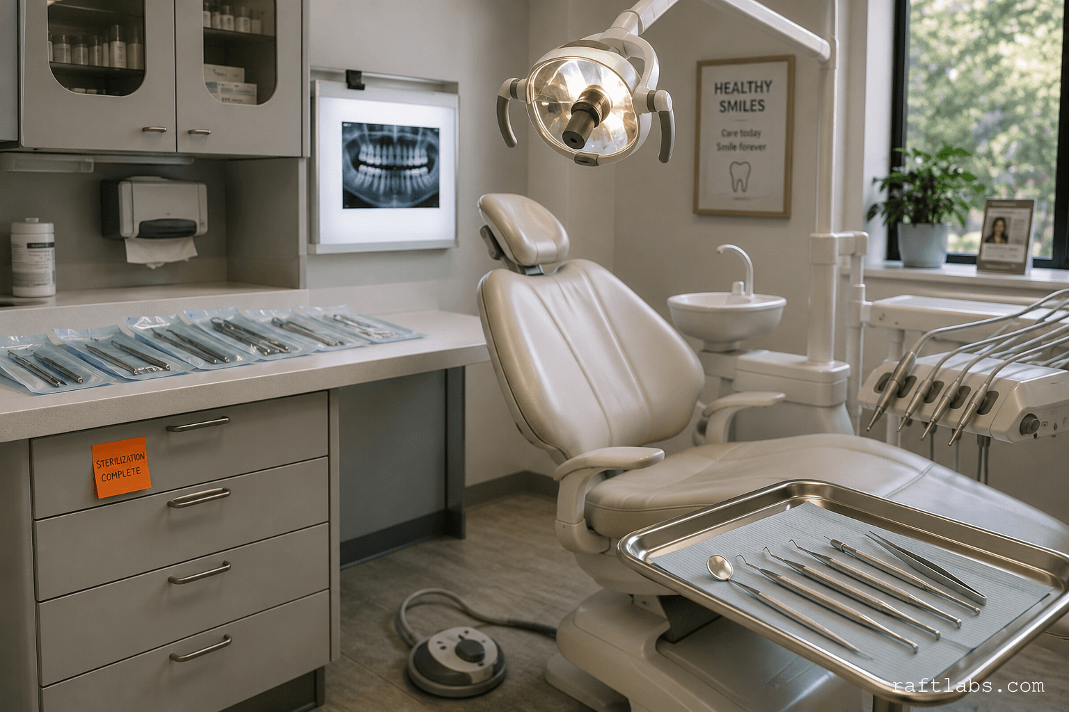 A modern dental operatory showing a reclined dental chair, articulated overhead surgical lamp, and a stainless steel instrument tray — the physical environment that dental websites must serve