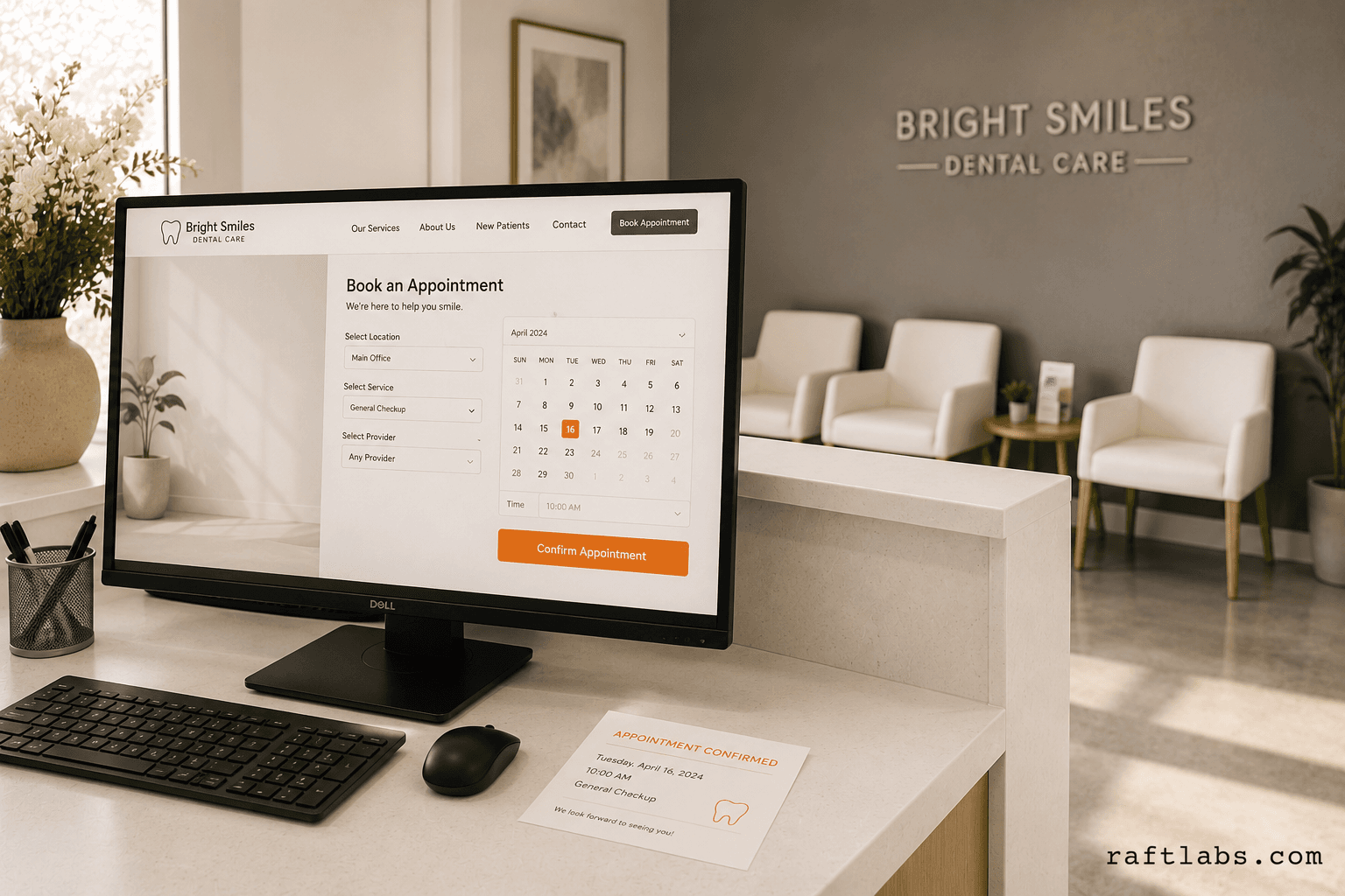 Modern dental practice front desk with appointment booking interface on monitor — the conversion point that a dental website must support and extend online