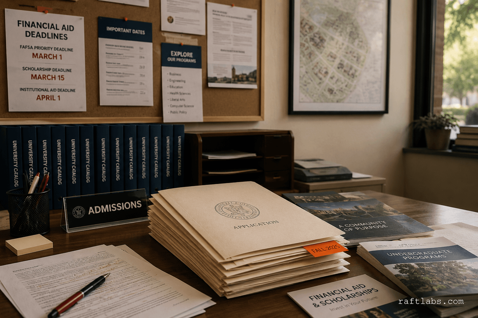 University admissions office with stacked application folders, enrollment brochures, and a bulletin board of program deadlines — the real environment education web design serves