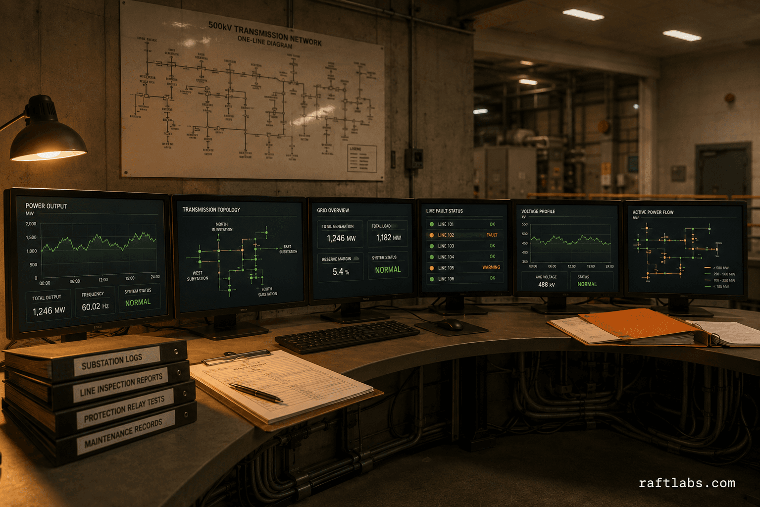 Industrial energy control room with monitoring dashboards, transmission grid diagrams, and operational consoles — representing the operational credibility energy companies must convey on their websites