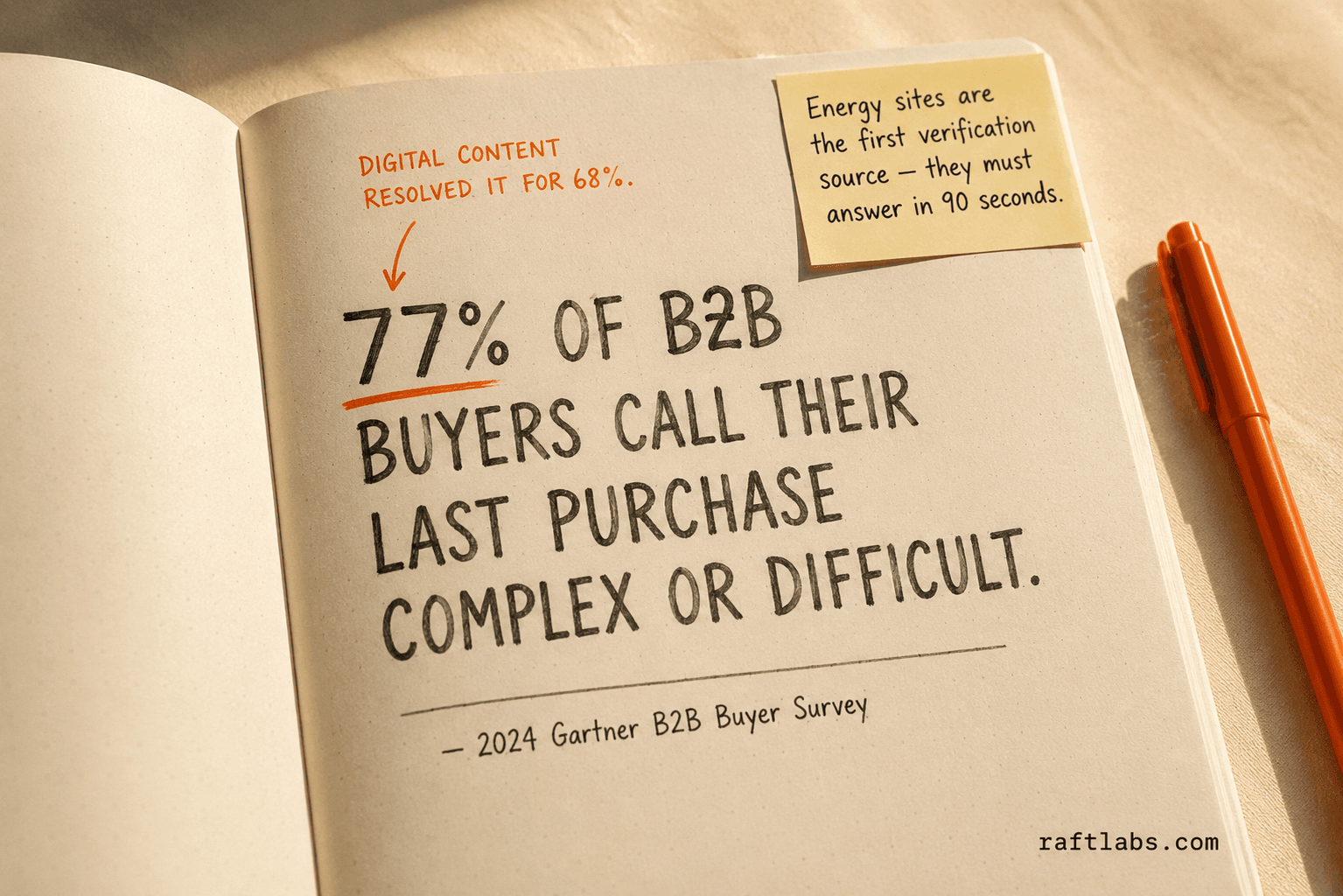 Notebook callout showing the 2024 Gartner stat that 77% of B2B buyers describe their last purchase as complex or difficult, with digital content resolving it for 68% — underscoring why energy company websites must serve decision-makers clearly