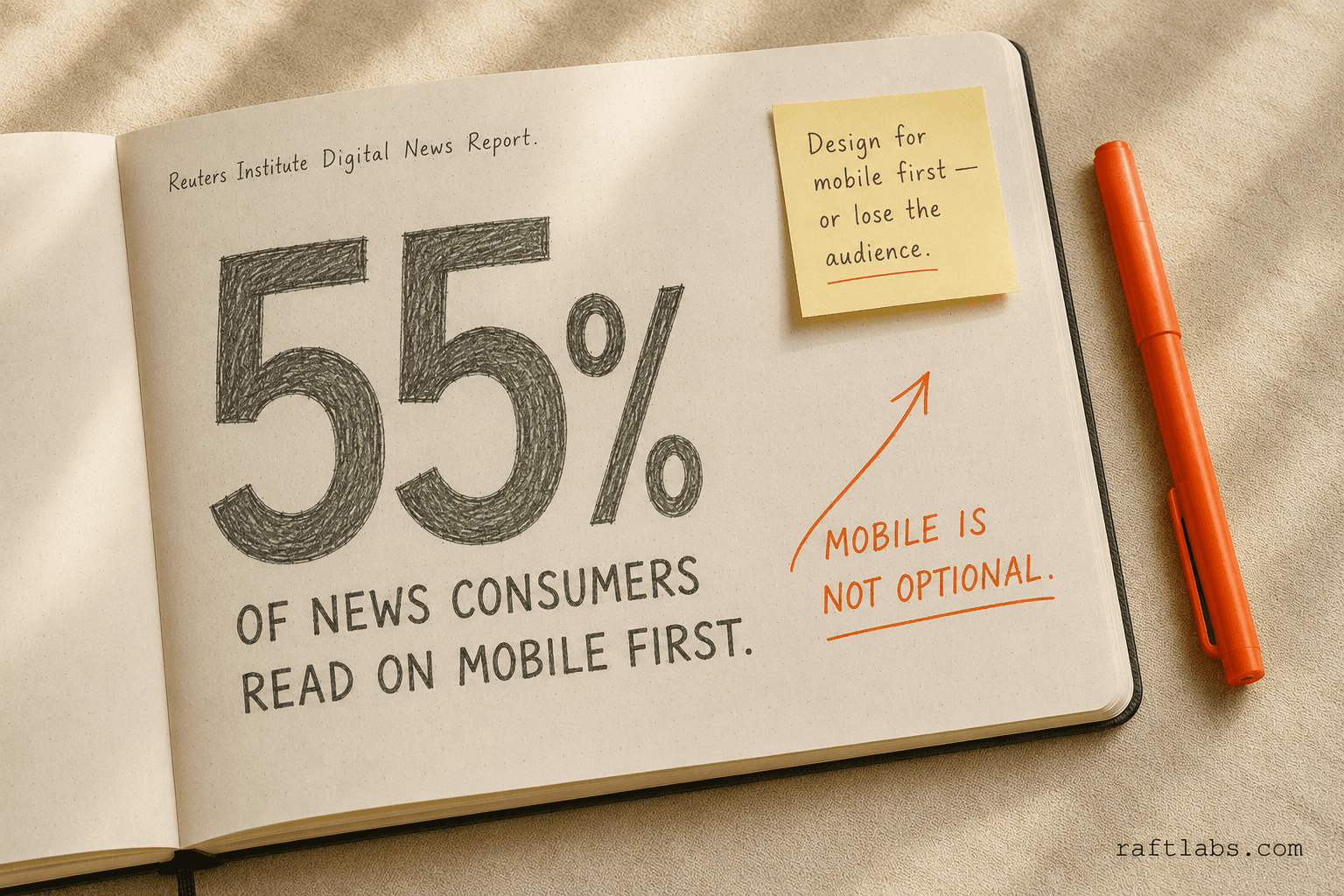 Notebook stat callout showing 55 percent of news consumers access editorial content on mobile first, sourced from the Reuters Institute Digital News Report