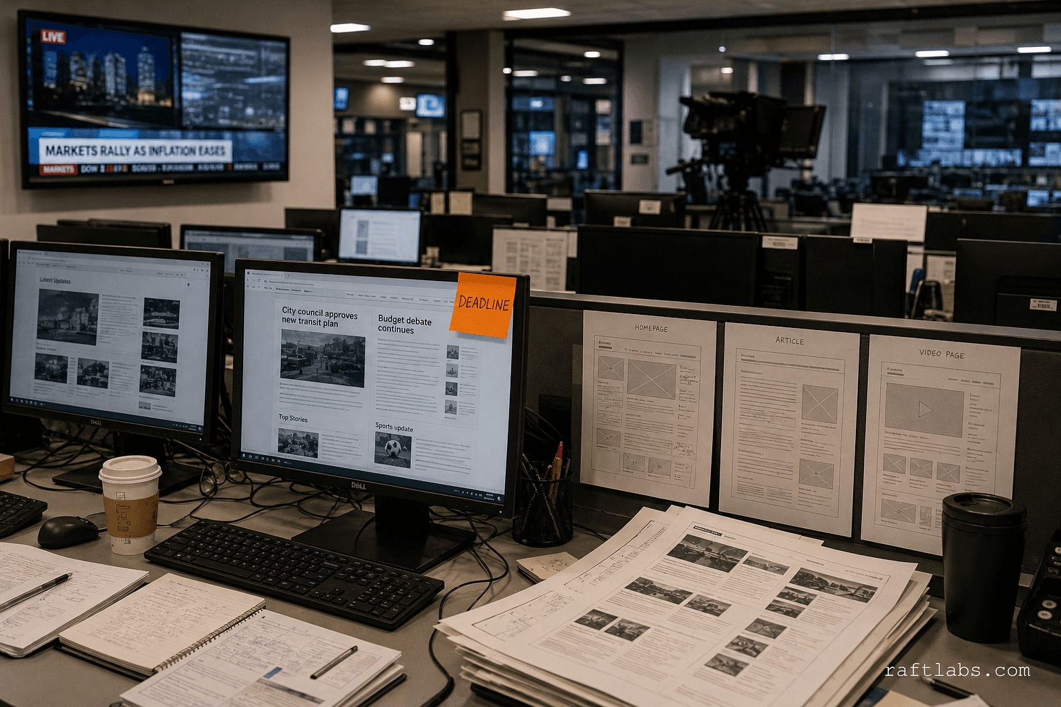 A mid-size editorial newsroom with reporters' desks, monitors displaying news article layouts, and an orange sticky note reading DEADLINE on the nearest screen