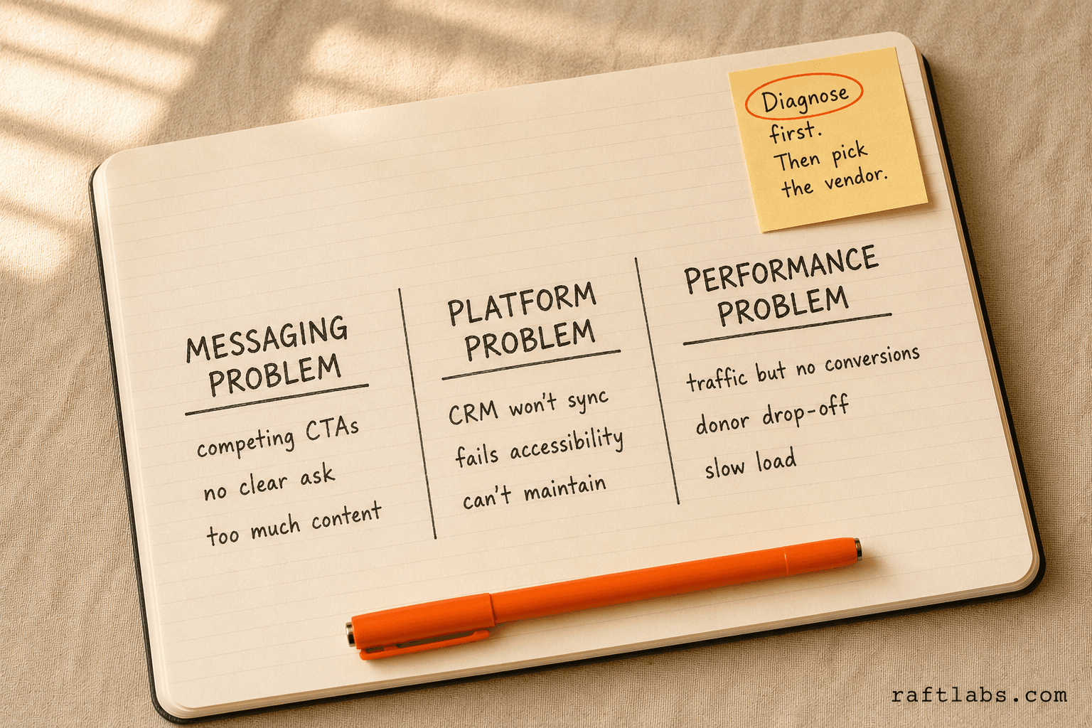 Three-problem diagnostic framework for nonprofit web design: the messaging problem, the platform problem, and the performance problem — each requires a different type of agency