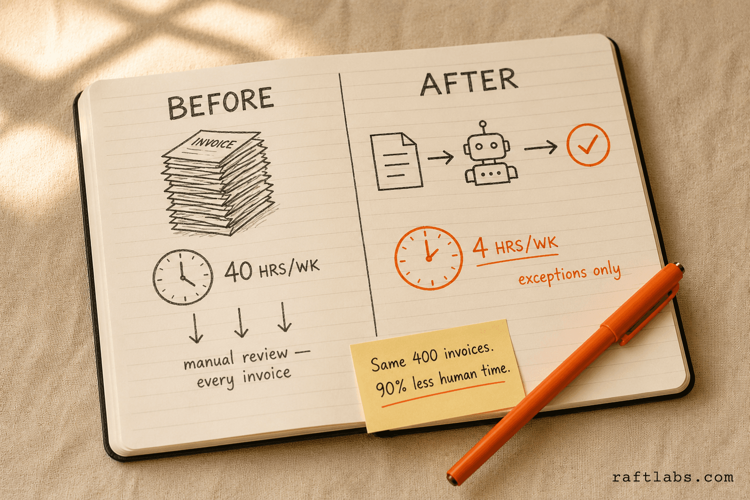 Before and after comparison of invoice processing: 40 hours per week of manual review reduced to 4 hours per week with a task automation agent
