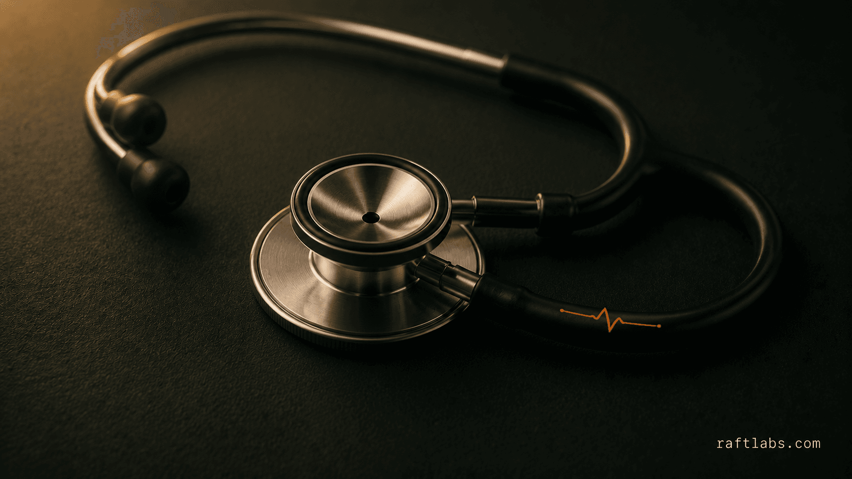 Precision stethoscope on a dark surface with a saffron-orange waveform accent - voice AI for healthcare
