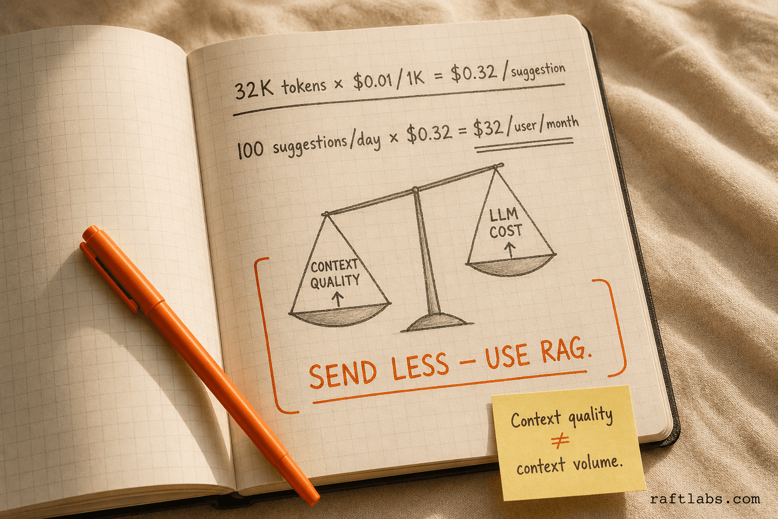 Context pipeline token budget calculation: 32K tokens at $0.01 per 1K costs $0.32 per suggestion - $32 per user per month. Use RAG to send minimum context needed.