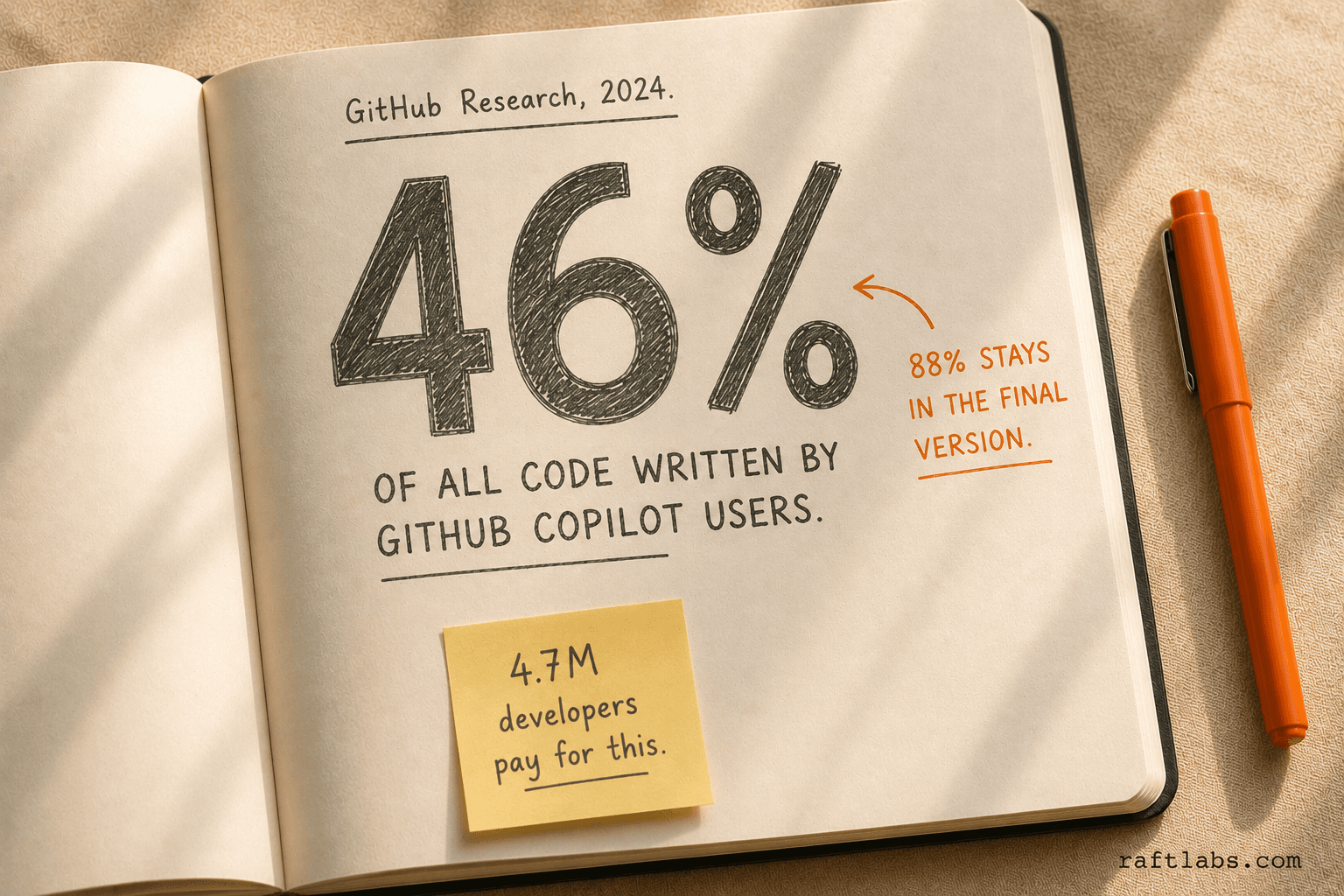 46% of code is generated by GitHub Copilot users, with 88% staying in the final version
