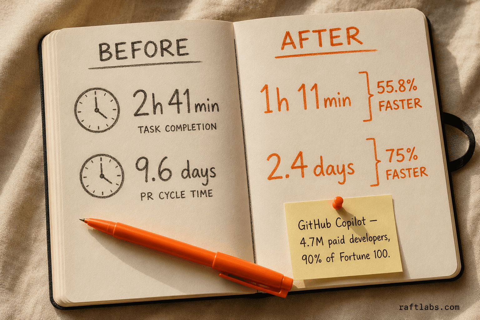 GitHub Copilot productivity before and after: task time cut from 2h 41min to 1h 11min (55.8% faster), PR cycle time from 9.6 days to 2.4 days (75% faster)