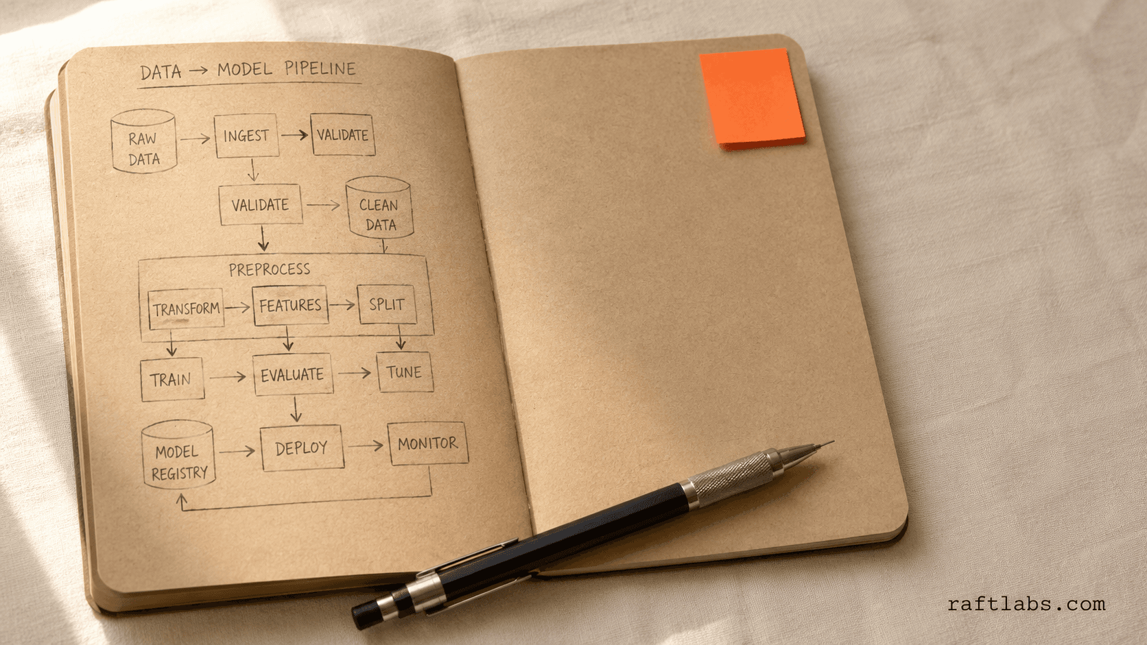 Generative AI development pipeline diagram showing data sources (documents, databases, CRM systems) flowing into a fine-tuned LLM with RAG, producing generated content, decisions, and API integrations