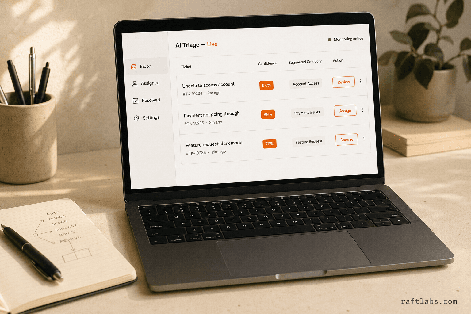 Production AI triage dashboard on a laptop: ticket list with confidence-score badges, auto-suggested categories, and active monitoring status — showing what the last mile of AI deployment actually looks like.