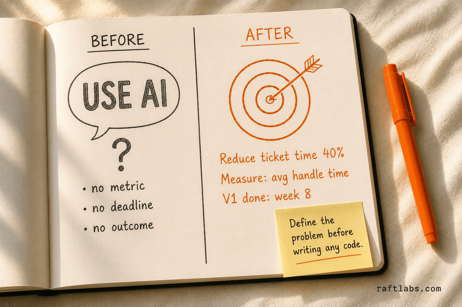 Before: vague "use AI" mandate with no metric or outcome. After: specific goal — reduce ticket resolution time 40%, measured by average handle time, V1 by week 8.