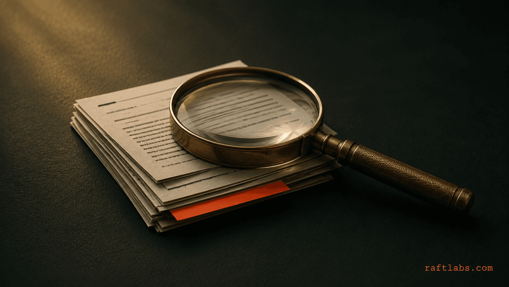 a magnifying glass over a stack of documents with one page pulled slightly out of place - Why RAG Systems Fail