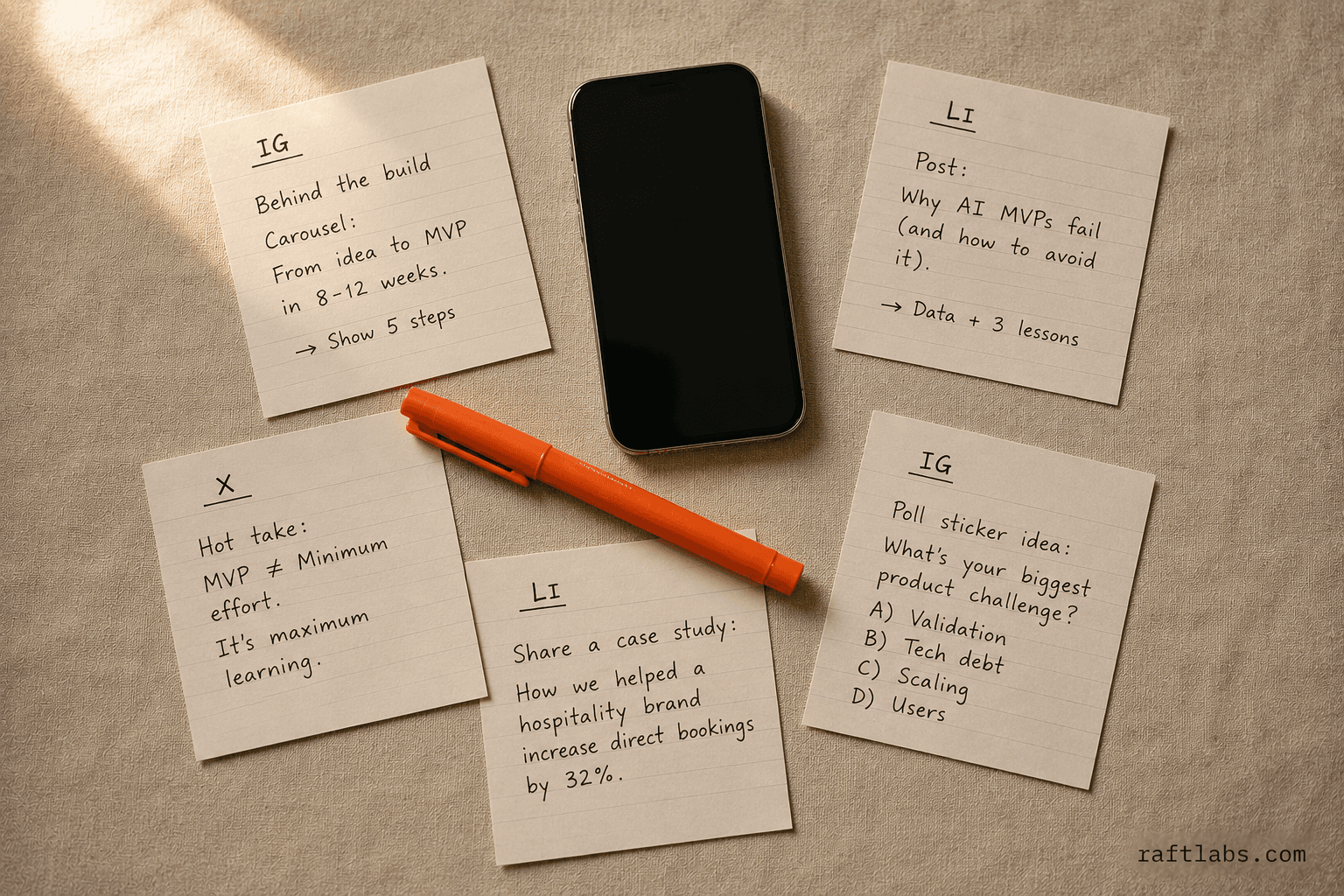 Overhead flat-lay of five social post draft cards with platform labels spread around a smartphone and orange marker on a cream linen surface